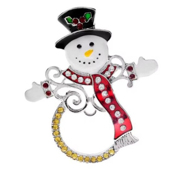 Christmas Brooch Stylized Snowman Enamel and Rhinestone Silvertone Metal - Picture 1 of 5